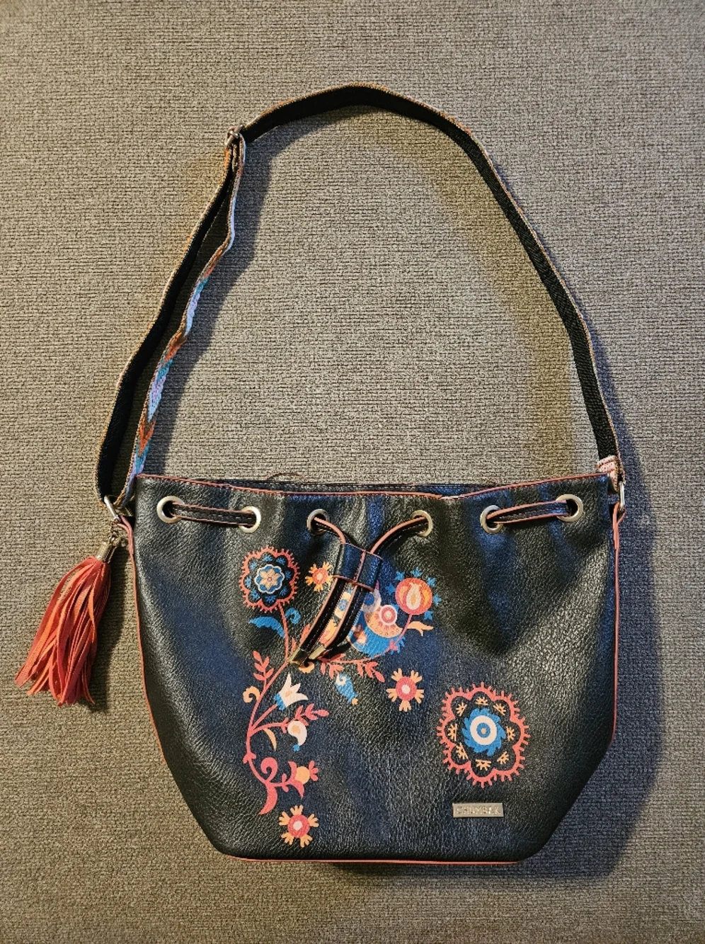 Embroidered Floral Bucket Shoulder Bag in Black and Orange